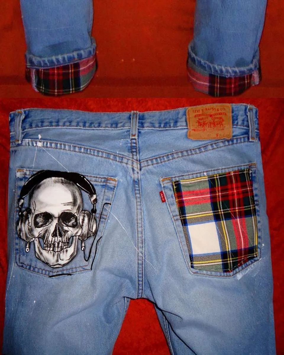 Levi's Vintage Teschio Scozzese jeans dipinti a mano su misura