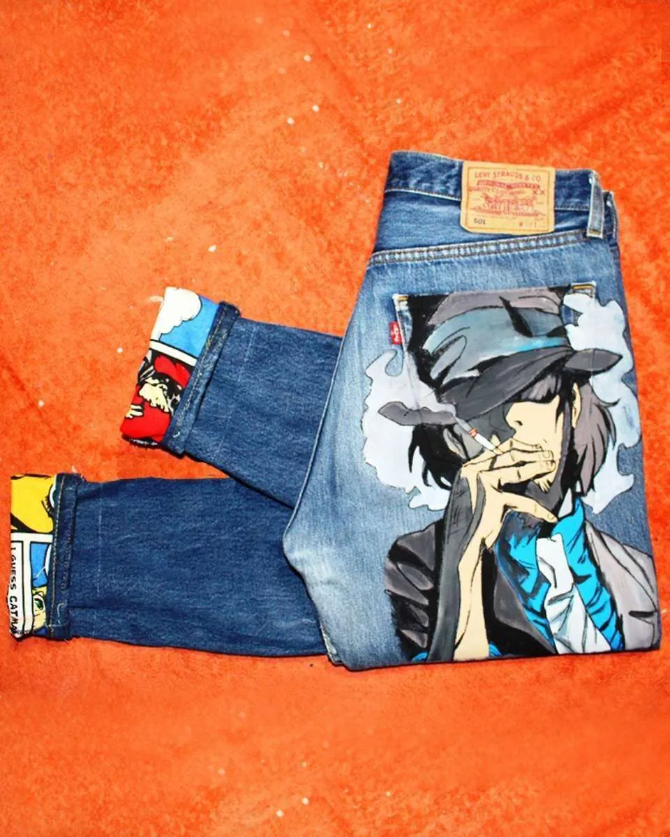 Levi's Vintage Jigen Lupin jeans dipinti a mano su misura
