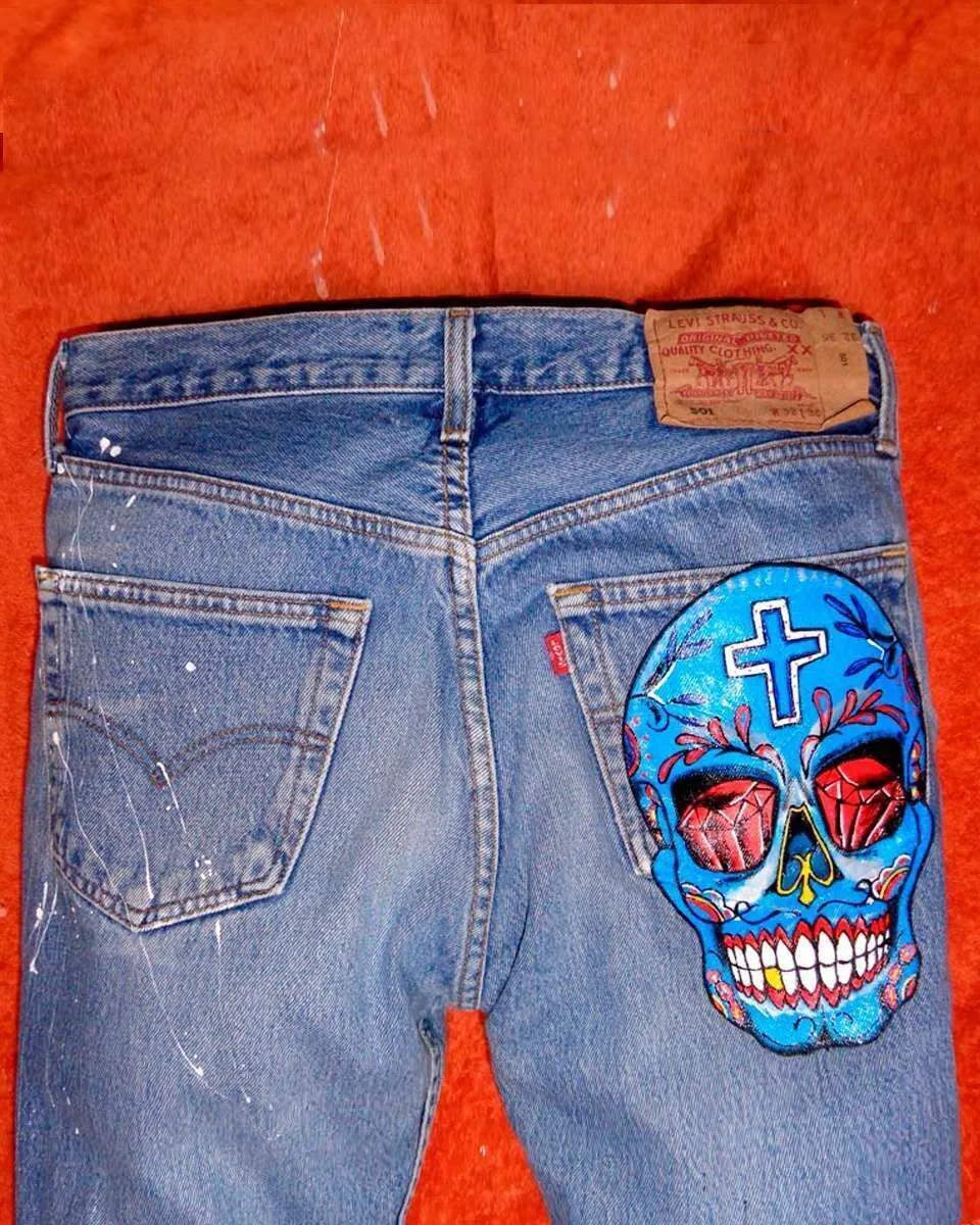 Levi's Vintage Teschio Old School Blu jeans dipinto mano