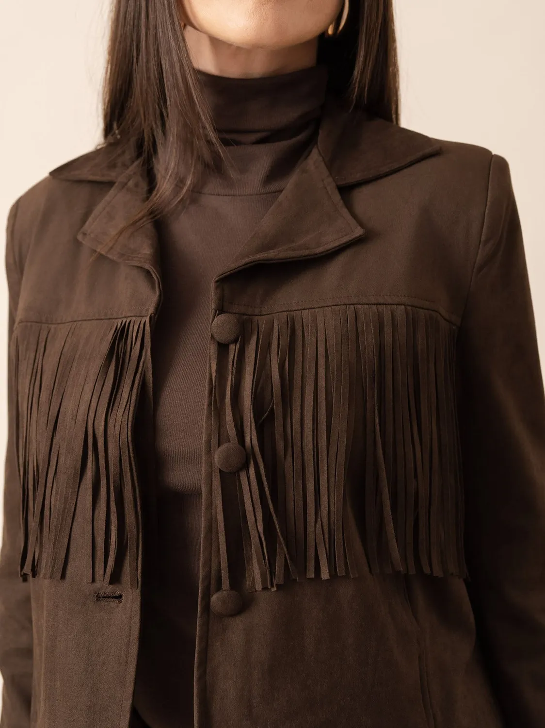 Oraije Dory giacca frange cioccolato suede