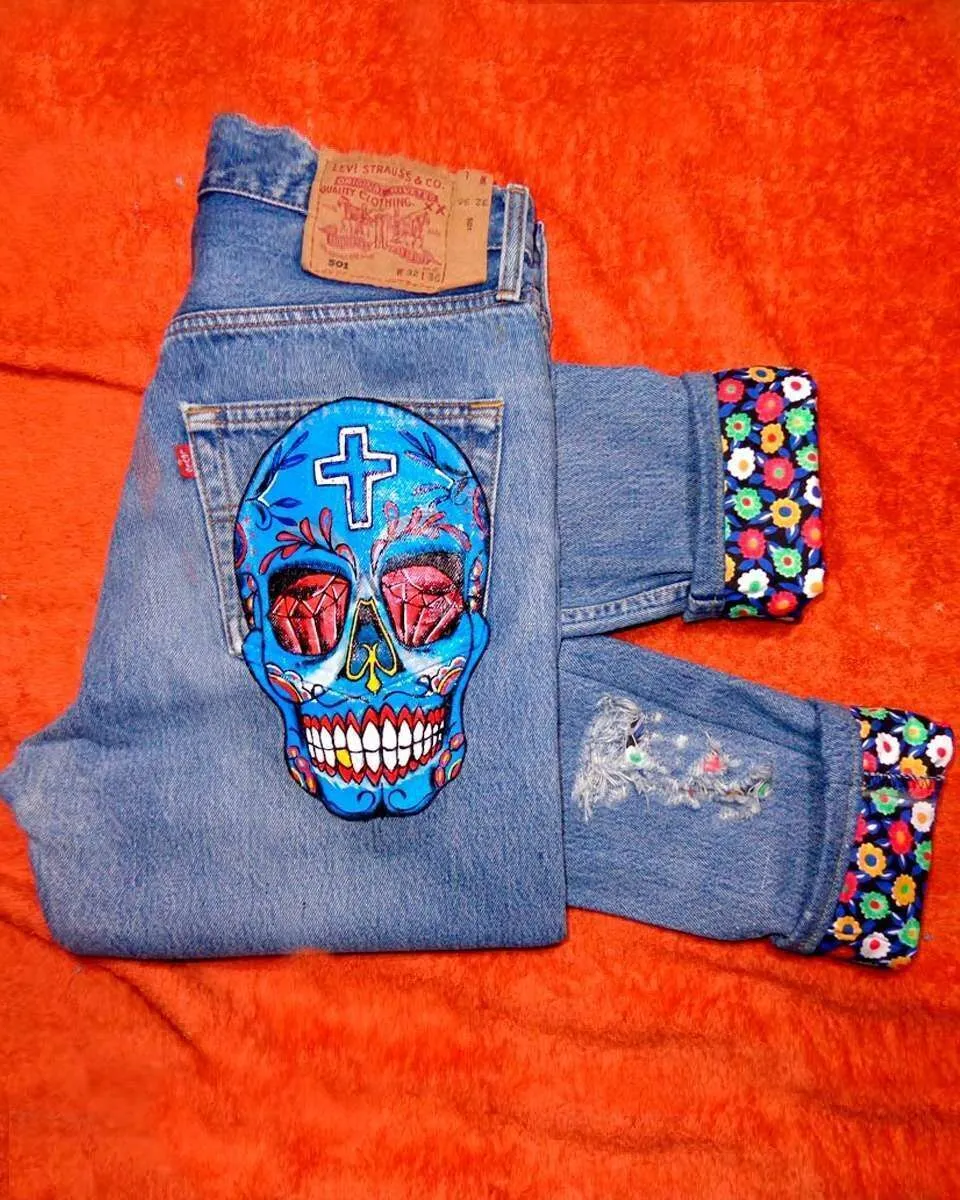Levi's Vintage Teschio Old School Blu jeans dipinto mano
