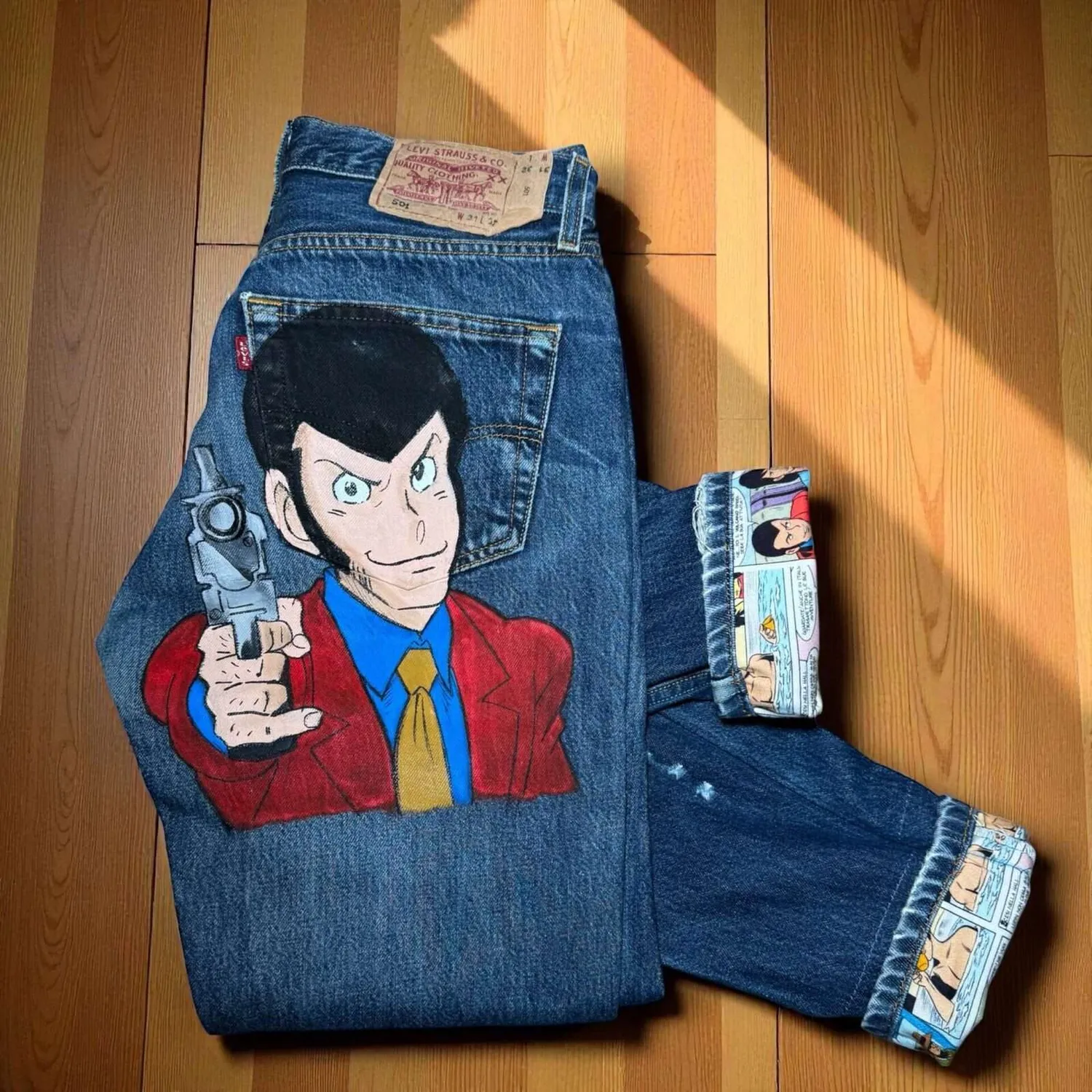 Levi's Vintage Lupin TNT jeans dipinti mano tessuto fumetti