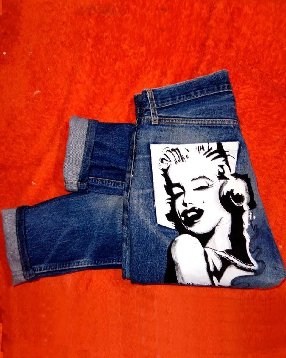Never Say Never Marilyn Monroe DJ Set Jeans Dipinto a Mano Custom