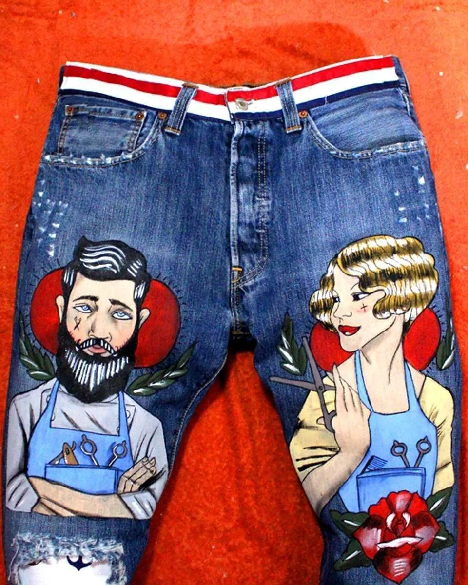 Levi's Vintage Barber Man and Woman jeans dipinti mano