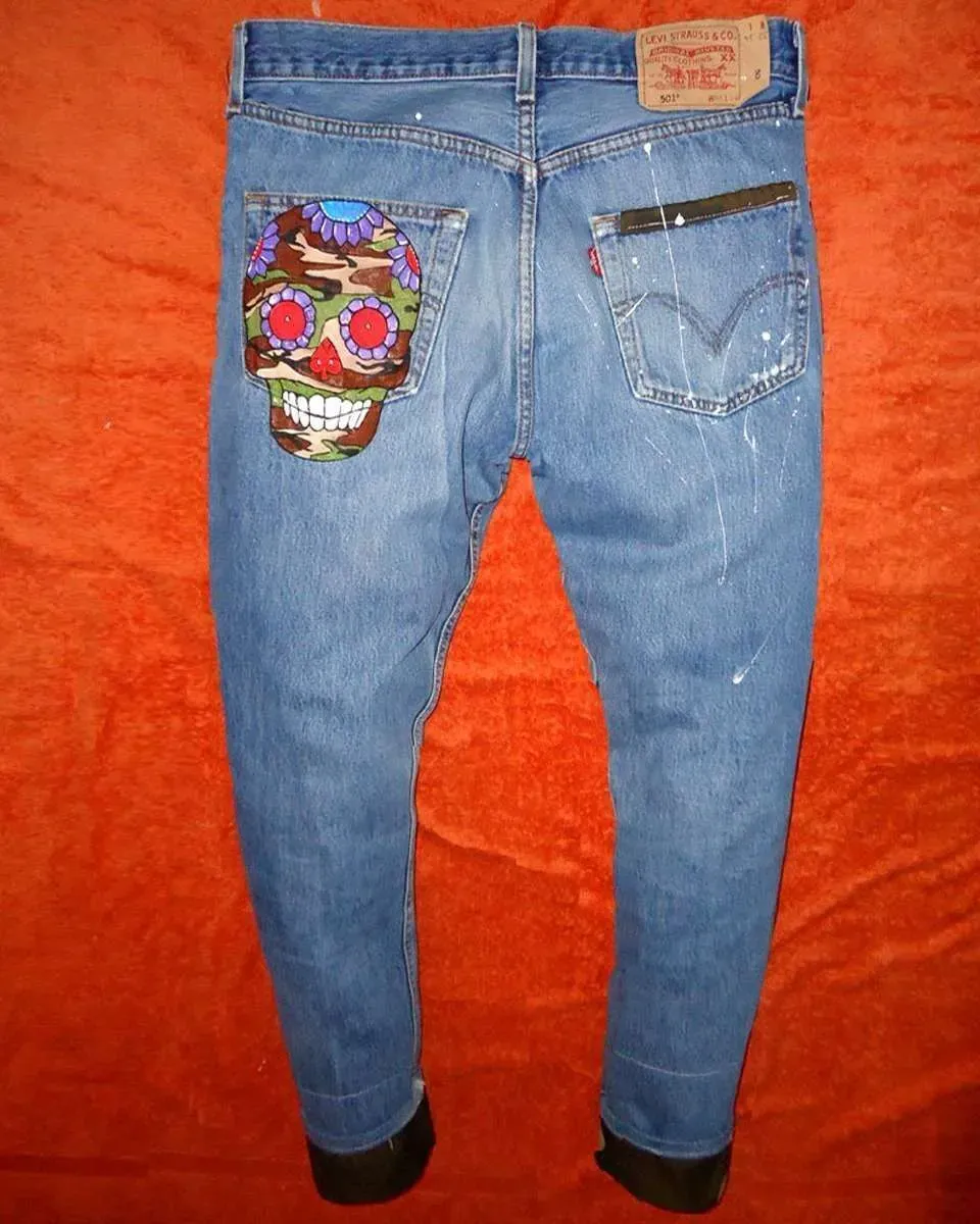 Never Say Never Levi's Vintage Teschi jeans camouflage dipinti