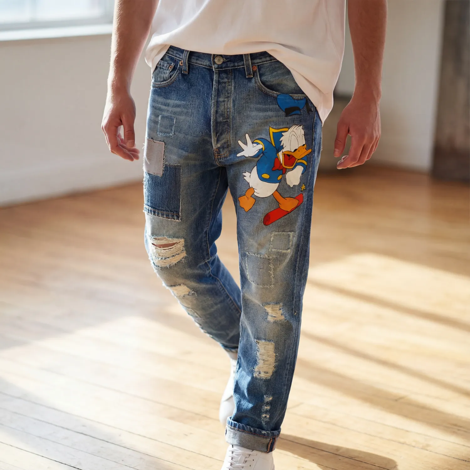 Levi’s Vintage Paperino 2020 jeans dipinti a mano cartoon