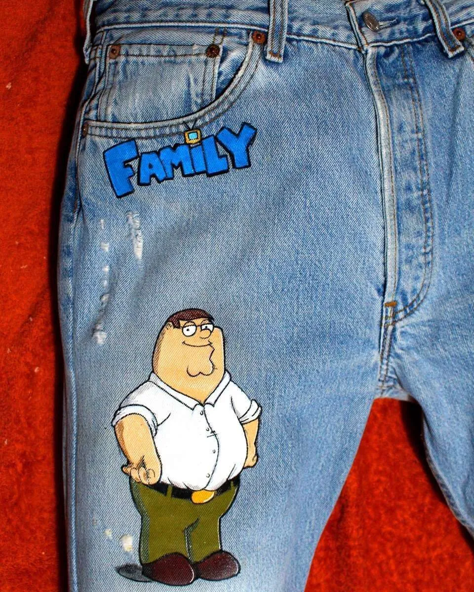 Never Say Never Griffin Family Guy jeans vintage dipinti a mano