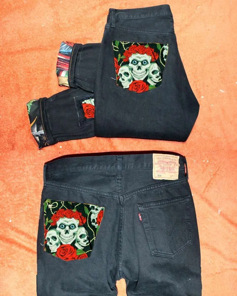 Levi's Vintage jeans black personalizzato teschi rose