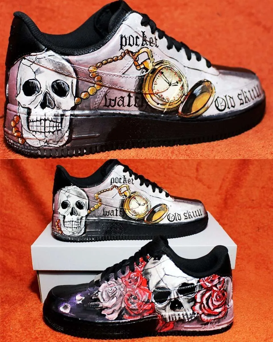 Nike Air Force 1 Black sneakers personalizzate teschi e rose