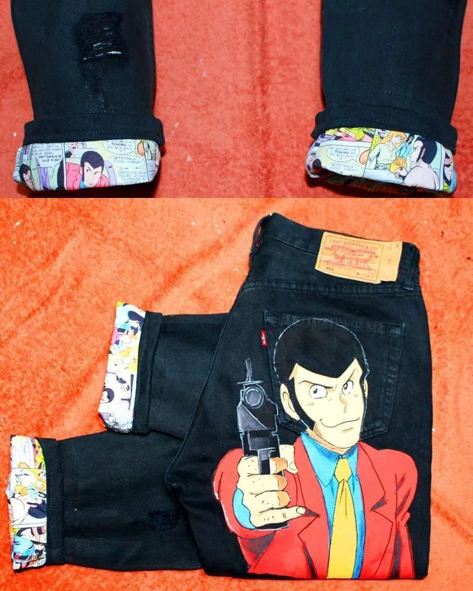 Never Say Never Levi's Vintage Lupin jeans dipinti neri fumetti