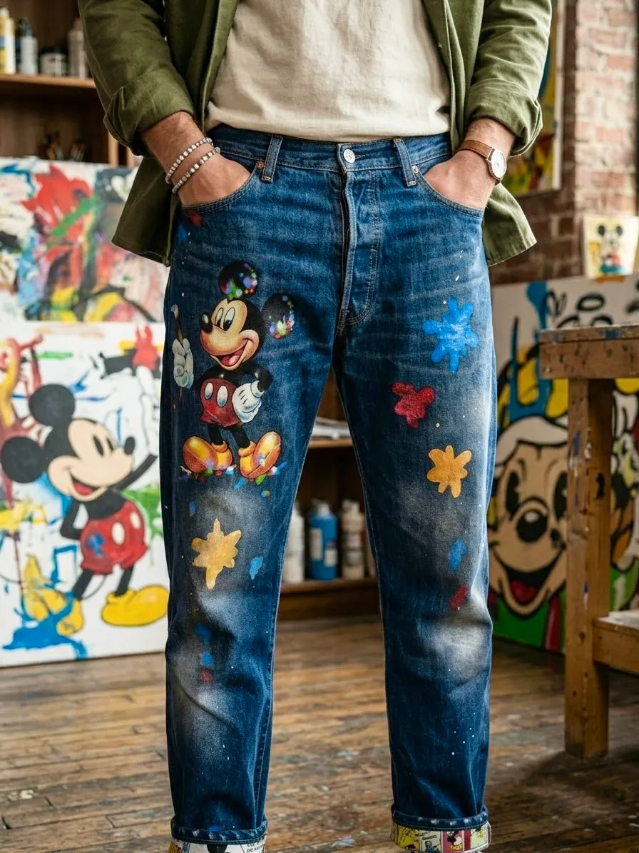 Never Say Never Levi's Vintage Topolino jeans dipinto fumetti