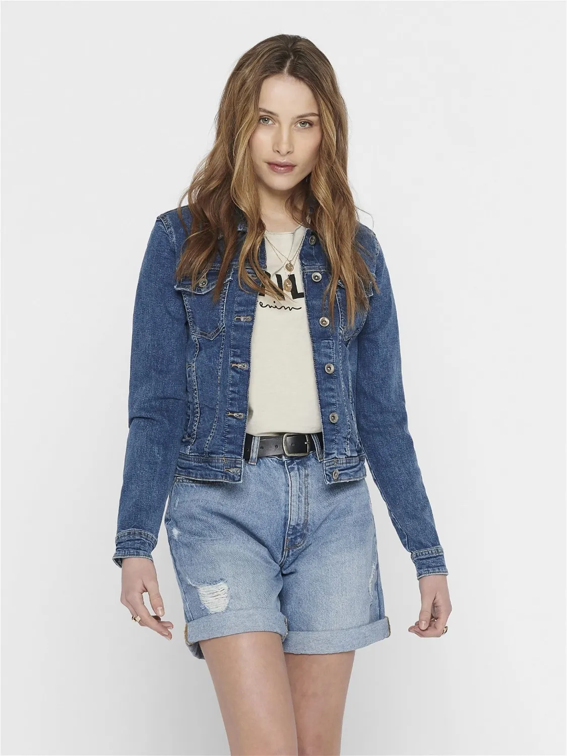 Only Tia giacca jeans donna blu cotone elasticizzato bottoni