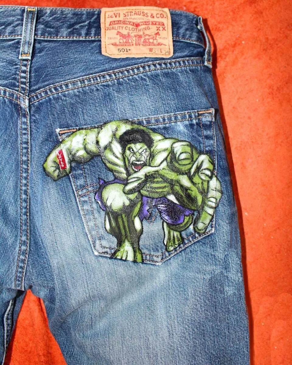 Never Say Never Hulk Fumetto jeans dipinti a mano vintage