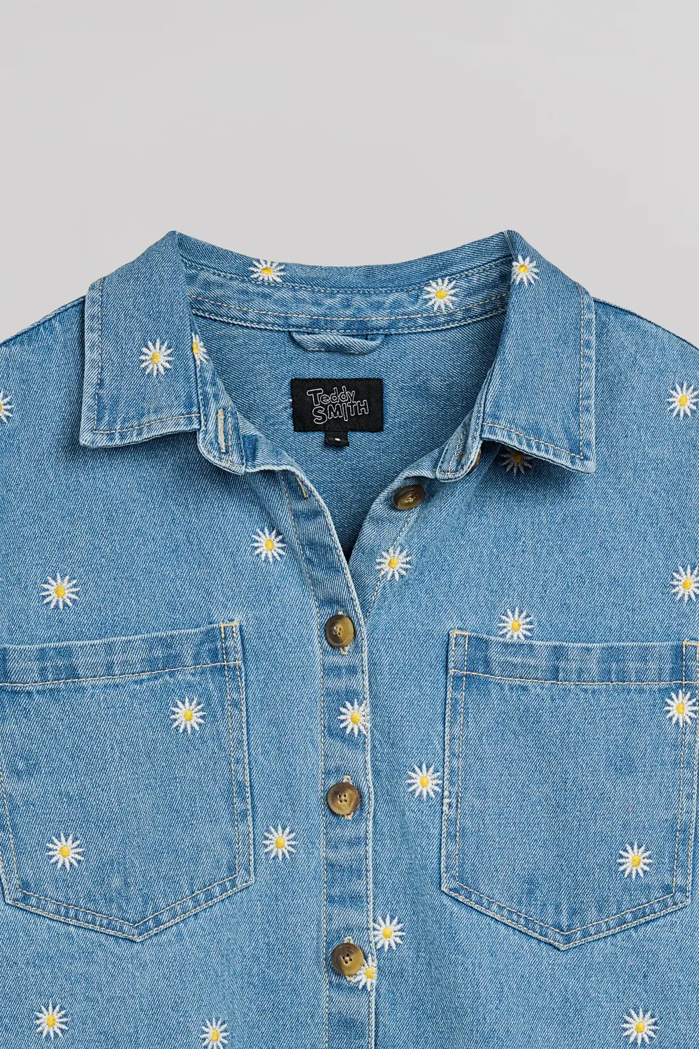 Teddy Smith C-Flower Camicia Jeans Donna Ricamo Floreale Indaco