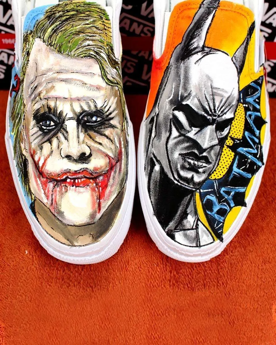 Never Say Never Slip-On Joker Batman vans dipinte a mano viola