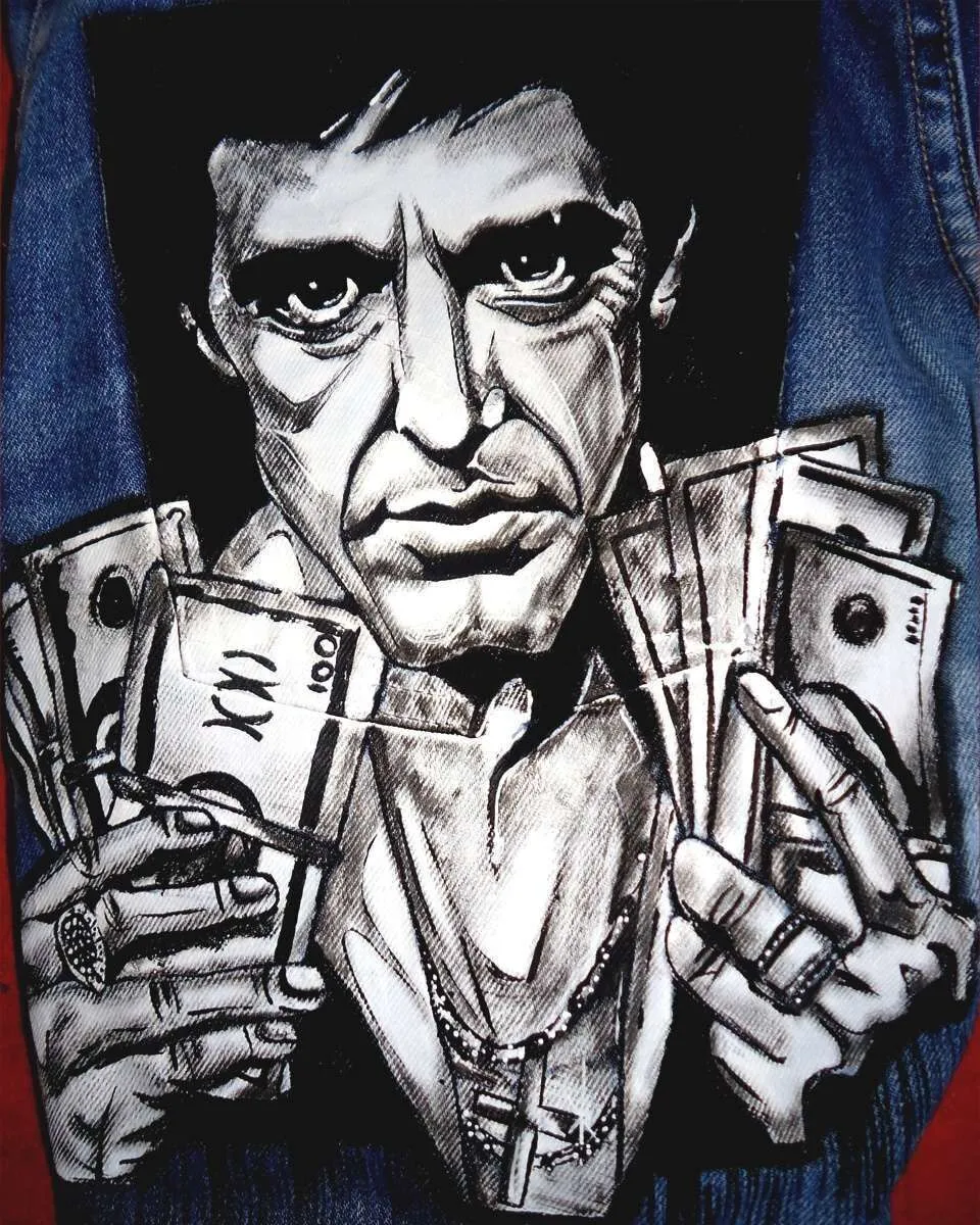 Never Say Never Scarface Tony Montana jeans dipinti a mano