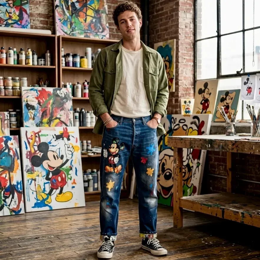 Never Say Never Levi's Vintage Topolino jeans dipinto fumetti