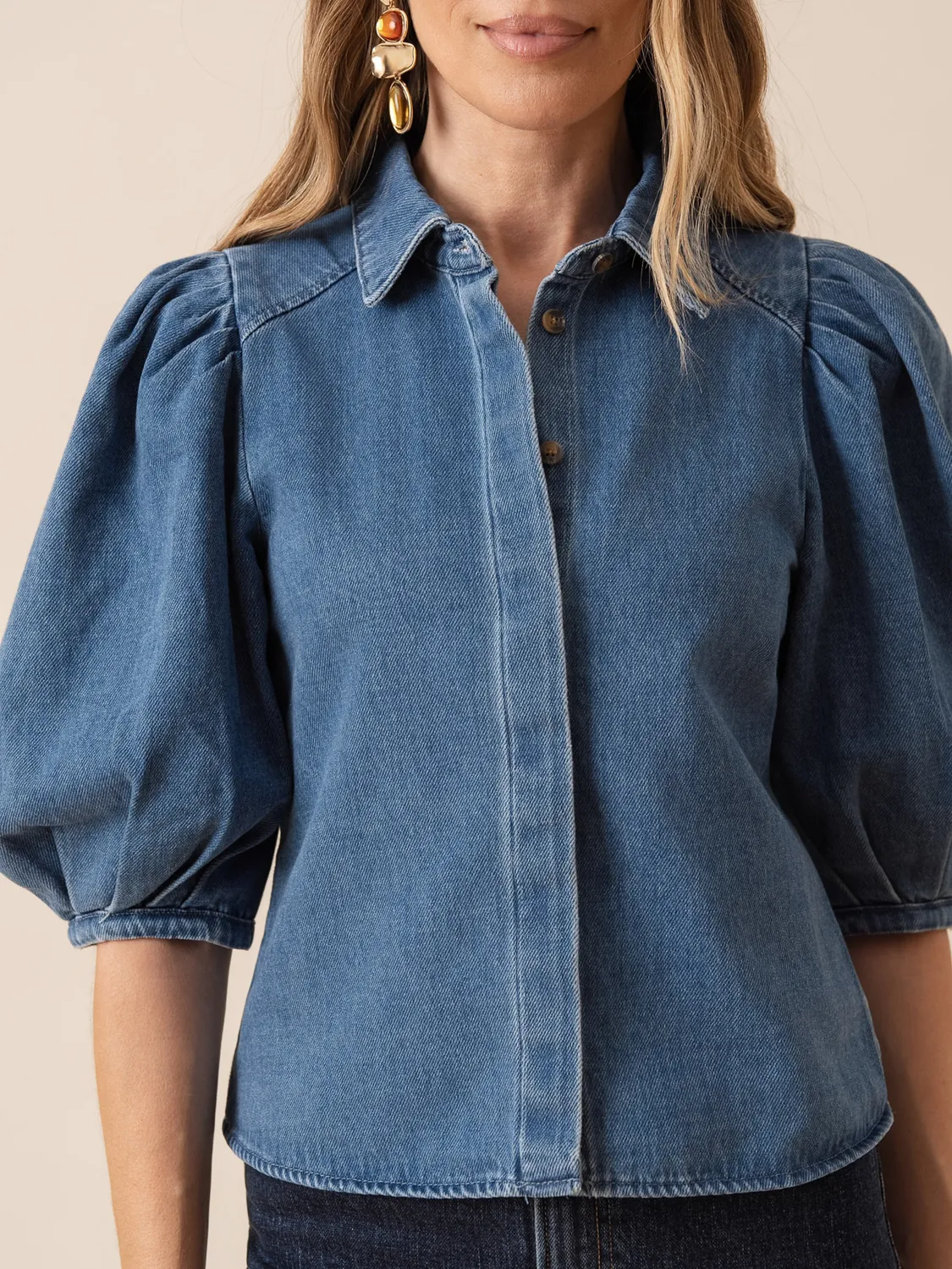 Oraije Cléa camicia denim blu stone maniche bouffantes