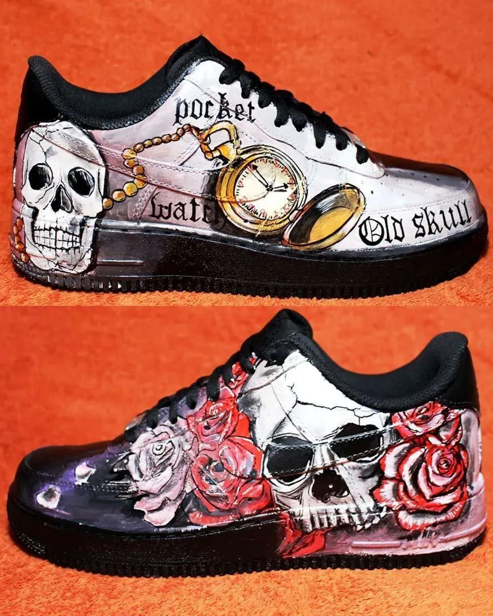 Nike Air Force 1 Black sneakers personalizzate teschi e rose